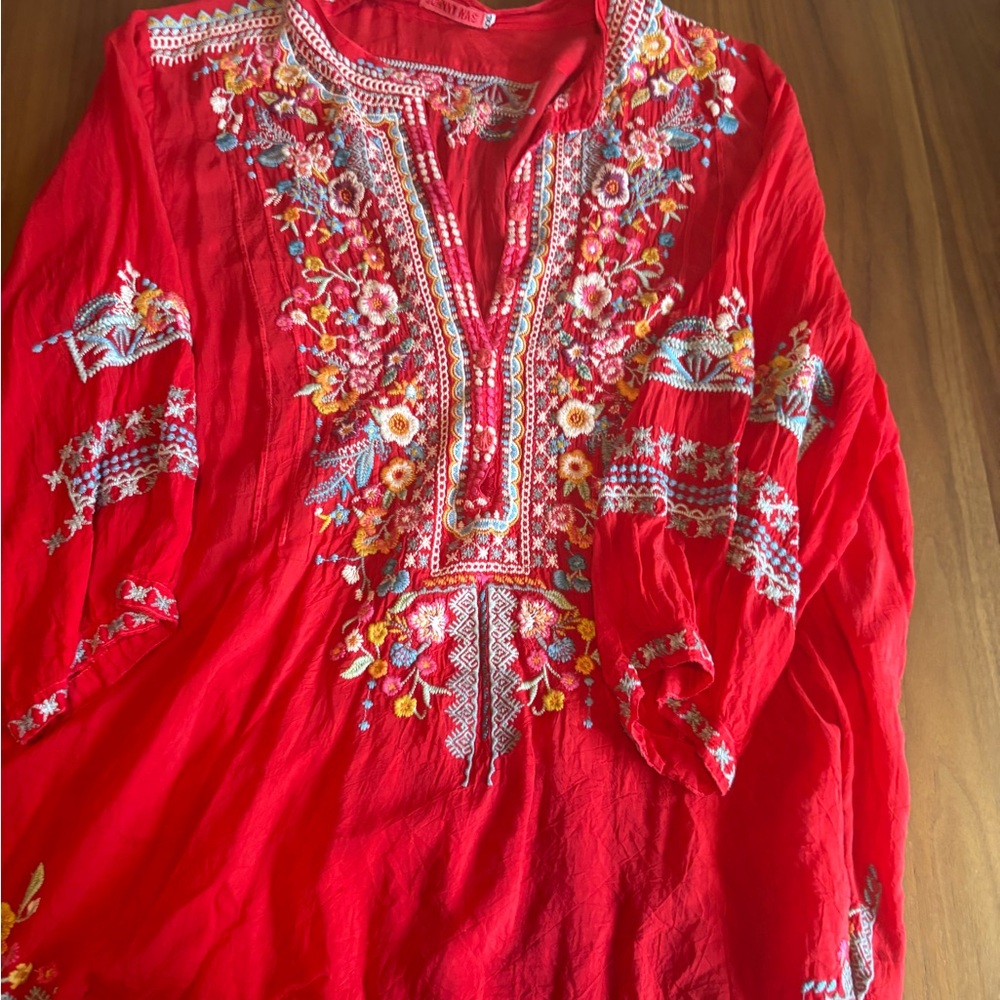 Johnny Was Vibrant Red Embroidered Blouse